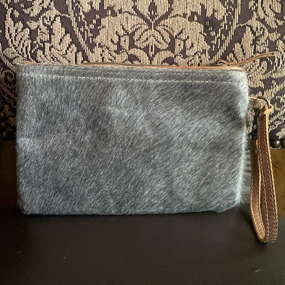 Myra Purse Bag Womens Brown White Fur Hairon Zip Clutch Wristlet